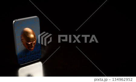 Artificial Intelligence Face Emerging from Secure Smartphone Screen 3d render. Artificial Intelligence Face Emerging from Secure Smartphone Screen 3d render. 134962952