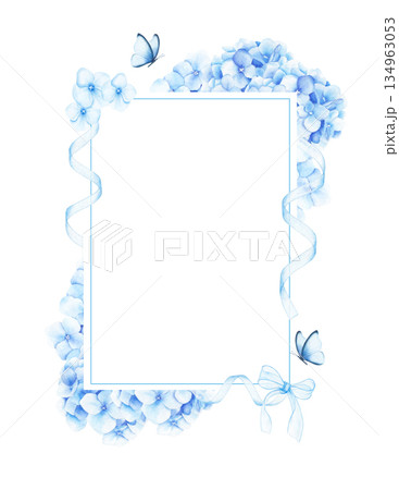 Template with blue hydrangea flowers, butterflies and ribbons. Watercolor hand drawn illustration isolated on white background Template with blue hydrangea flowers, butterflies and ribbons. Watercolor hand drawn illustration isolated on white background 134963053