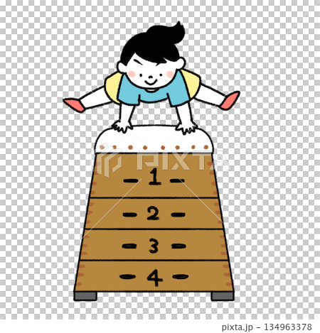 圖：一個女孩跳過一匹跳馬 134963378