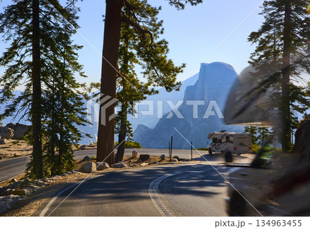 Yosemite Glacier Point Road RV and Half Dome Framed by Pine Trees 134963455