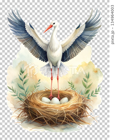 雷諾曼卡牌「鸛」水彩插畫，描繪一隻鸛站在巢中，巢裡有鳥蛋 2 / 傳單和海報素材 134964003