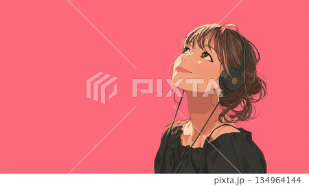 ヘッドフォンで音楽を聞く女性をYouTube動画サムネイル用にアニメスタイルで描いたAI生成画 134964144