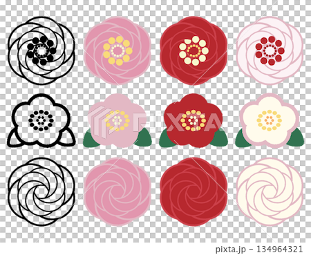椿の花のイラスト-1,2,3-セット 椿の花のイラスト-1,2,3-セット 134964321