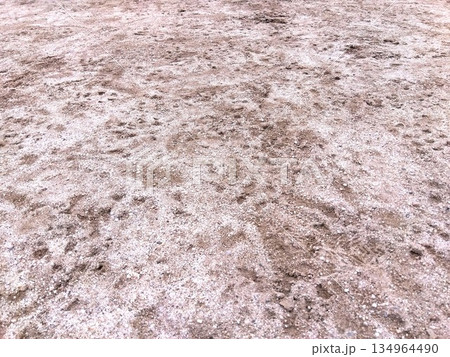 冬の公園に残された少年たちのサッカースパイクの足跡のある地面 134964490