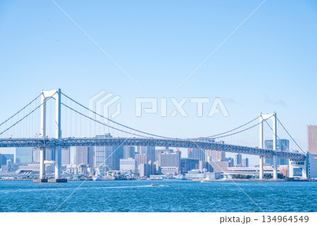 TOKYO, JAPAN - 29, JAN. 2025 : cityscape of Tokyo skyline with Tokyo tower and rainbow bridge at daytime in Japan 134964549