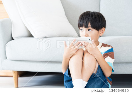 リビングでスマホで遊ぶ小学生男子 134964930