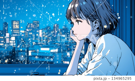 思案・反省・諦め? 窓から流れ落ちる雨粒を見つめる若い女性