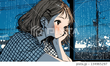 思案・反省・諦め? 窓から流れ落ちる雨粒を見つめる若い女性