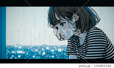 思案・反省・諦め? 窓から流れ落ちる雨粒を見つめる若い女性