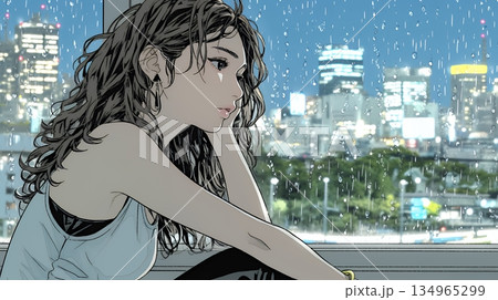 思案・反省・諦め? 窓から流れ落ちる雨粒を見つめる若い女性