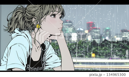 思案・反省・諦め? 窓から流れ落ちる雨粒を見つめる若い女性