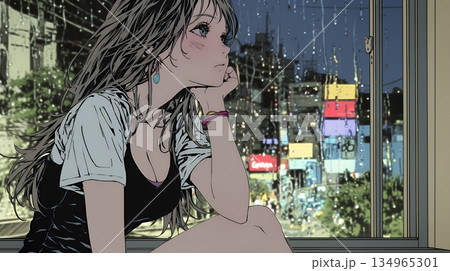 思案・反省・諦め? 窓から流れ落ちる雨粒を見つめる若い女性