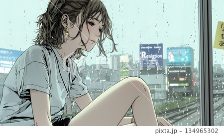 思案・反省・諦め? 窓から流れ落ちる雨粒を見つめる若い女性