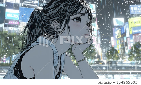 思案・反省・諦め? 窓から流れ落ちる雨粒を見つめる若い女性