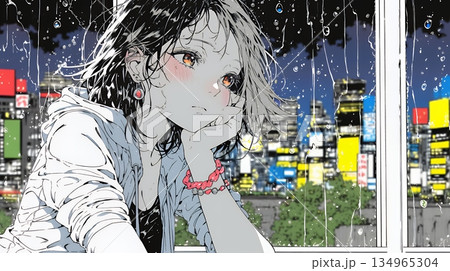 思案・反省・諦め? 窓から流れ落ちる雨粒を見つめる若い女性