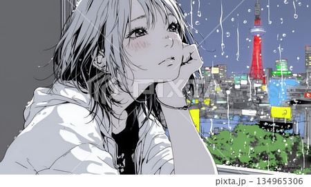 思案・反省・諦め? 窓から流れ落ちる雨粒を見つめる若い女性