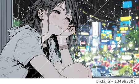 思案・反省・諦め? 窓から流れ落ちる雨粒を見つめる若い女性