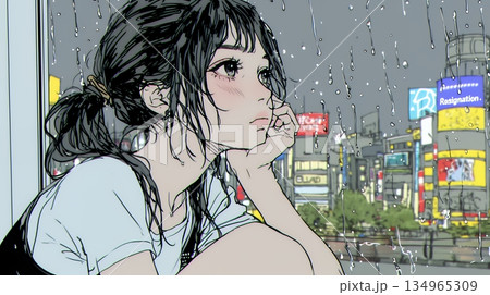 思案・反省・諦め? 窓から流れ落ちる雨粒を見つめる若い女性