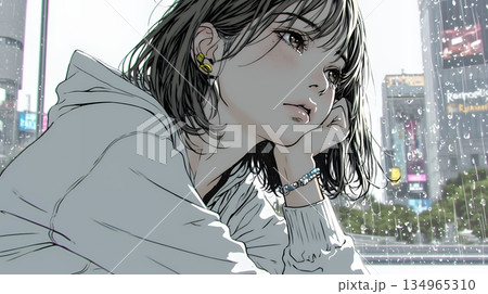 思案・反省・諦め? 窓から流れ落ちる雨粒を見つめる若い女性