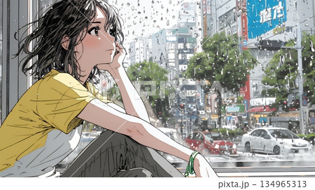 思案・反省・諦め? 窓から流れ落ちる雨粒を見つめる若い女性