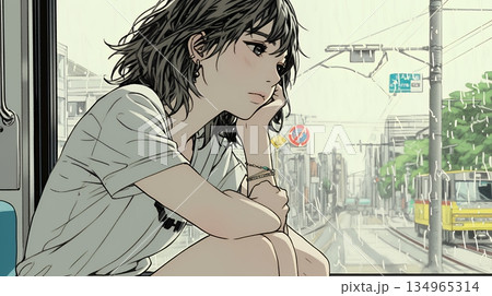 思案・反省・諦め? 窓から流れ落ちる雨粒を見つめる若い女性