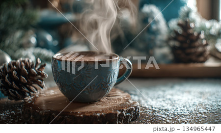 冬の温かいココアと松ぼっくり、雪の結晶 134965447
