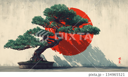 盆栽と日の丸、和風の背景 134965521