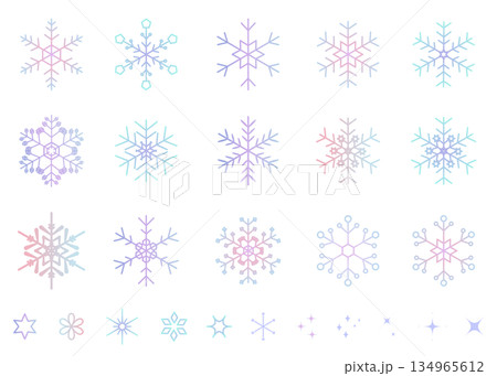 ペールトーンのグラデーションの雪の結晶のイラストセット　ベクター背景素材　キラキラ素材 134965612