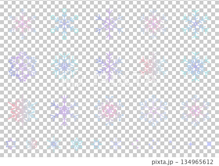 ペールトーンのグラデーションの雪の結晶のイラストセット　ベクター背景素材　キラキラ素材 134965612