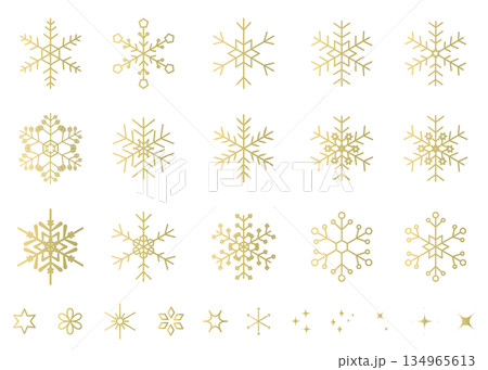 ゴールドの雪の結晶のイラストセット　ベクター背景素材　キラキラ素材 134965613
