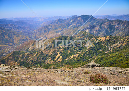 Mountain Vista from Moro Rock Overlook with Winding Road and Forested Slopes 134965773
