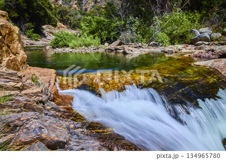 River Cascade and Rocky Stream with Lush Greenery in Sunlight River Cascade and Rocky Stream with Lush Greenery in Sunlight 134965780