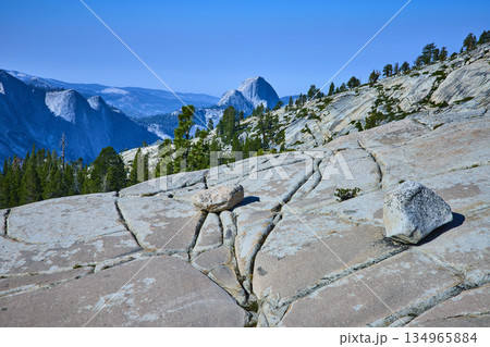 Granite Boulders and Pine Trees with Half Dome from Olmsted Point Yosemite Granite Boulders and Pine Trees with Half Dome from Olmsted Point Yosemite 134965884