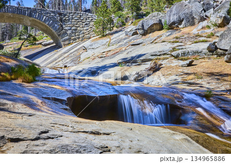 Stone Bridge Over Marble Fork Kaweah River with Granite and Waterfall 134965886