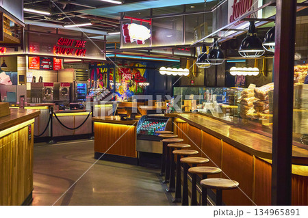 Las Vegas Casino Restaurant Bar Counter and Neon Lights Interior Las Vegas Casino Restaurant Bar Counter and Neon Lights Interior 134965891