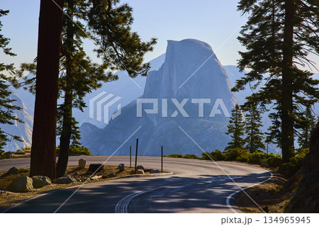 Half Dome Framed by Pine Trees and Winding Road at Glacier Point Yosemite California 134965945