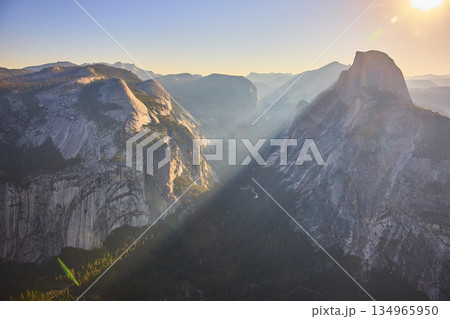 Half Dome Sunrise Sunbeam Over Yosemite Valley from Glacier Point California 134965950