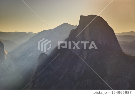 Half Dome Sunrise View from Glacier Point with Sunbeam over Yosemite Valley 134965987