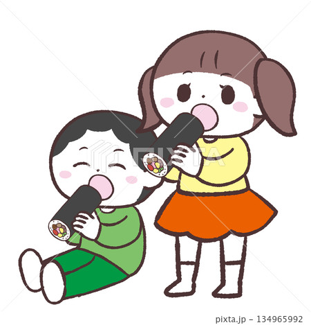 並んで恵方巻を食べる子供達のイラスト 並んで恵方巻を食べる子供達のイラスト 134965992
