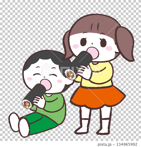 Illustration of children eating ehomaki side by side 134965992