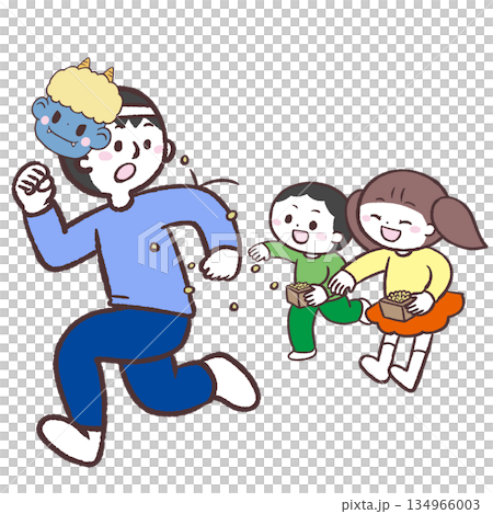 一幅描繪孩子扔豆子和奔跑的惡魔的插圖 134966003