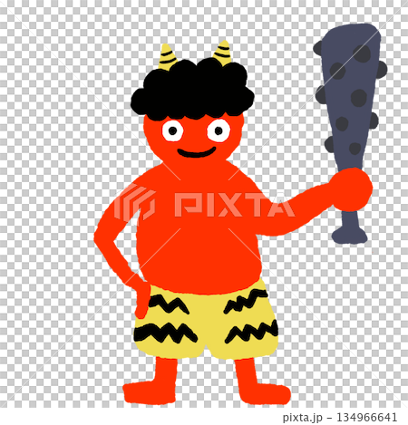 節分紅鬼插畫 - 手持金棒的可愛惡魔 - PNG 134966641