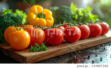 製のカッティングボードの上に並んだ水滴のついた瑞々しいミニトマトとパプリカとブロッコリー 134967160