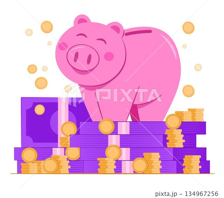 Piggy Bank Character Standing on Stack of Cash Money and Coins for Savings and Investment Concept Illustration 134967256