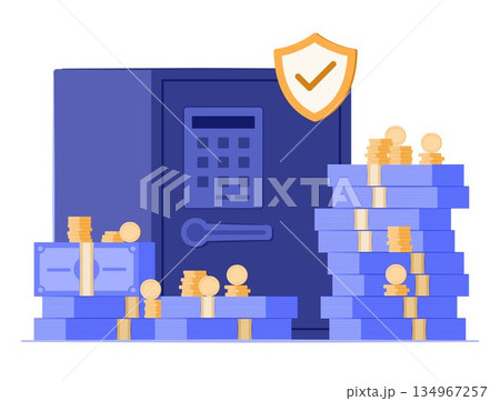 Banking Safety Deposit Box with Stack of Cash Money Bundle and Coins for Money Savings and Financial Security Concept Illustration 134967257