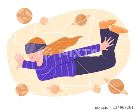 Young Woman Wearing the Virtual Reality Headset end Enjoying with Cosmic Simulation for VR Technology Concept Illustration Young Woman Wearing the Virtual Reality Headset end Enjoying with Cosmic Simulation for VR Technology Concept Illustration 134967261
