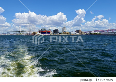安治川河口の大阪港沖から天保山大橋と海遊館と港大橋が見える風景 大阪市港区 安治川河口の大阪港沖から天保山大橋と海遊館と港大橋が見える風景 大阪市港区 134967689