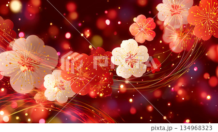 暗い赤の和風背景にある金色の梅または桜の花 暗い赤の和風背景にある金色の梅または桜の花 134968323