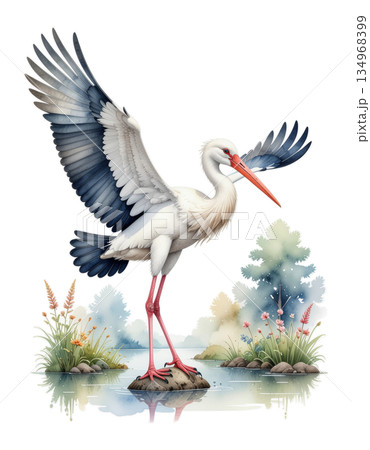 ルノルマン「コウノトリ」羽ばたくコウノトリの水彩画イラスト|変化と移動を象徴するワンポイント素材2 ルノルマン「コウノトリ」羽ばたくコウノトリの水彩画イラスト|変化と移動を象徴するワンポイント素材2 134968399