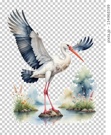 ルノルマン「コウノトリ」羽ばたくコウノトリの水彩画イラスト|変化と移動を象徴するワンポイント素材2 ルノルマン「コウノトリ」羽ばたくコウノトリの水彩画イラスト|変化と移動を象徴するワンポイント素材2 134968399